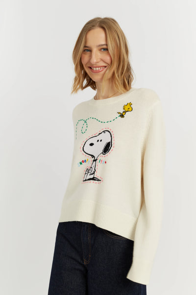 Cream Wool-Cashmere Snoopy Embroidered Sweater