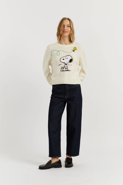 Cream Wool-Cashmere Snoopy Embroidered Sweater