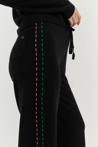 Black Wool-Cashmere Peanuts Wide Leg Track Pants