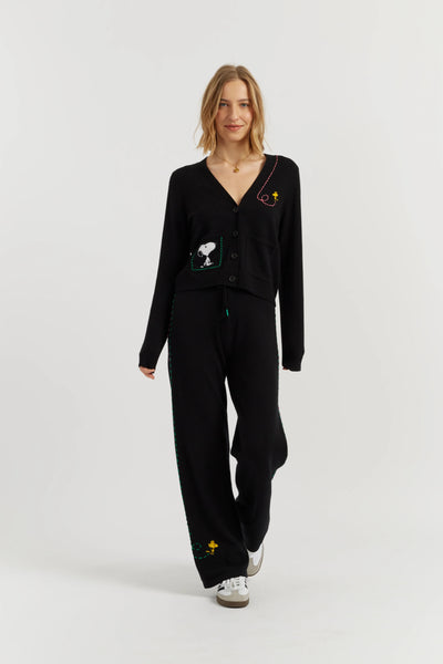 Black Wool-Cashmere Peanuts Wide Leg Track Pants