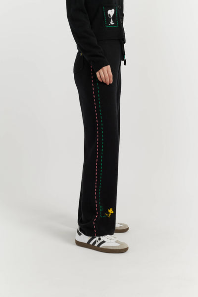 Black Wool-Cashmere Peanuts Wide Leg Track Pants