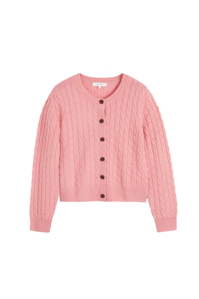 Salmon Pure Cashmere Cabled Crew Neck Cardigan