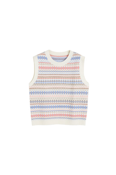 Cream Wool-Cashmere Fair Isle V-neck Tank
