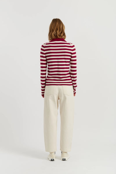 Cherry Wool-Cashmere Stripe Collared Sweater
