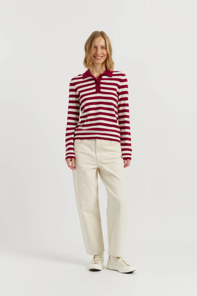 Cherry Wool-Cashmere Stripe Collared Sweater