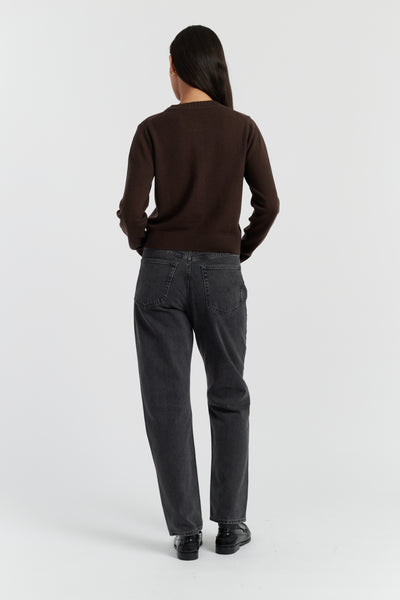 Chocolate Wool-Cashmere Crew Neck Cardigan