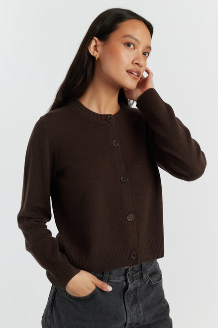 Chocolate Wool-Cashmere Crew Neck Cardigan
