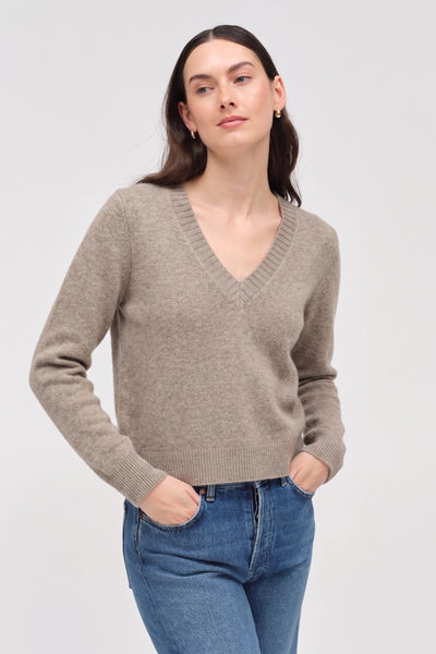 Warm-Oatmeal Wool-Cashmere Low V-Neck Sweater