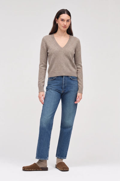 Warm-Oatmeal Wool-Cashmere Low V-Neck Sweater