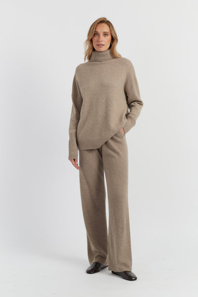 Warm-Oatmeal Pure Cashmere Wide-Leg Pants