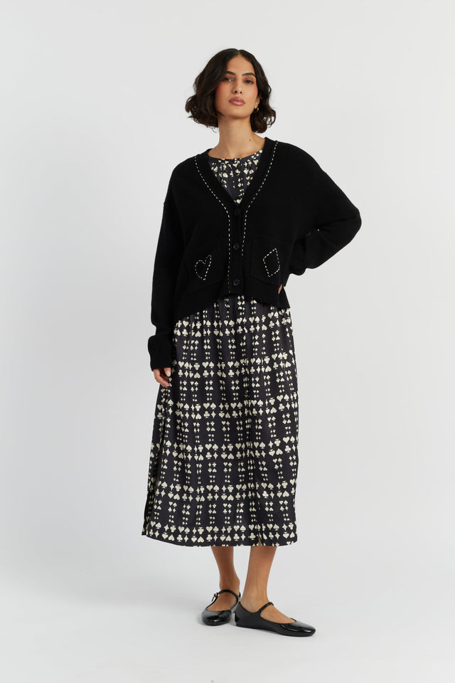 Black Wool-Cashmere Queen of Hearts Cardigan image 3