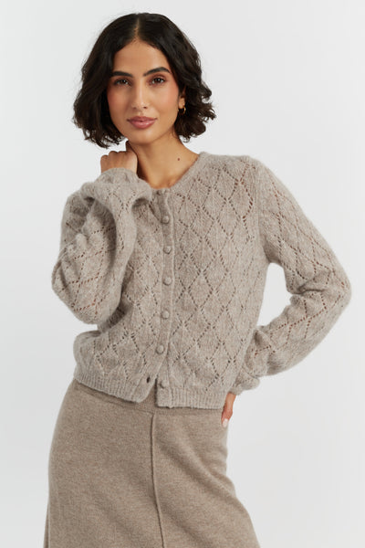Warm-Oatmeal Wool Fluffy Diamond Cardigan