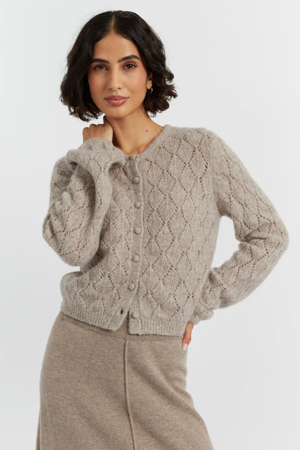 Warm-Oatmeal Wool Fluffy Diamond Cardigan