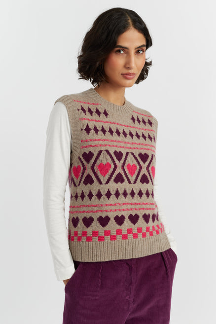Warm-Oatmeal Wool-Cashmere Hearts and Diamonds Tank