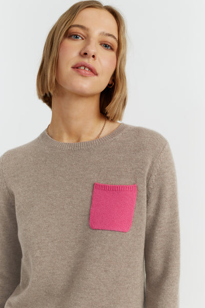 Warm-Oatmeal Wool-Cashmere One Pocket Sweater