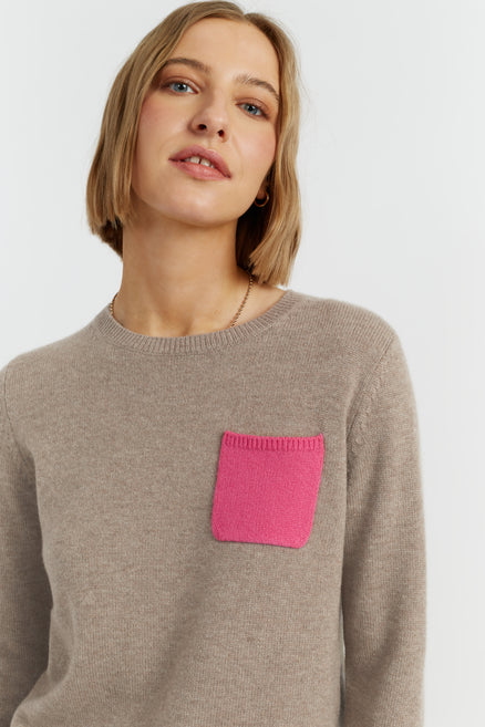 Warm-Oatmeal Wool-Cashmere One Pocket Sweater