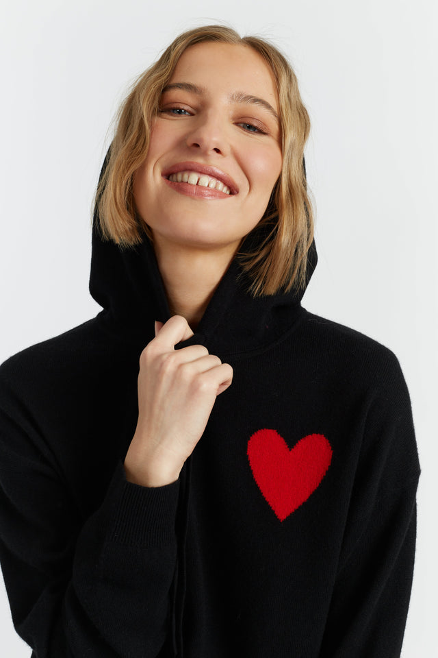Black Wool-Cashmere Heart Breton Hoodie image 1