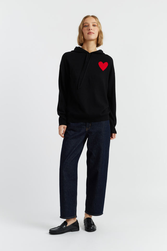 Black Wool-Cashmere Heart Breton Hoodie image 2