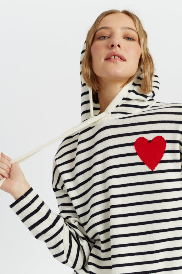 Cream-Navy Wool-Cashmere Heart Breton Hoodie image 4