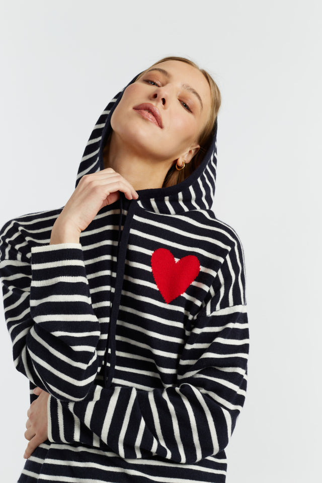 Navy-Cream Wool-Cashmere Heart Breton Hoodie image 1