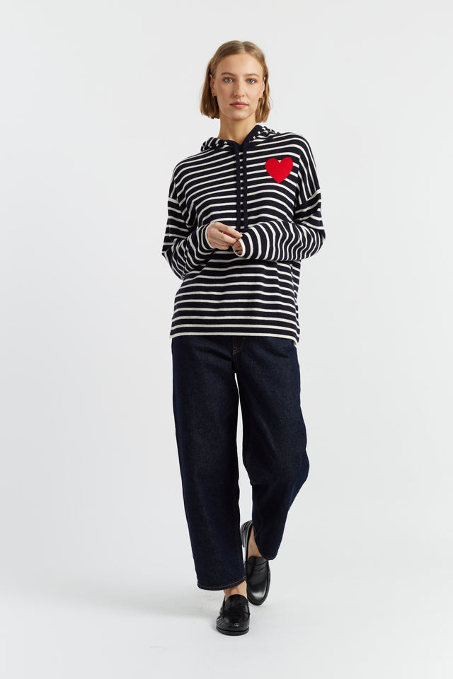Navy-Cream Wool-Cashmere Heart Breton Hoodie image 2