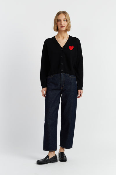 Black Wool-Cashmere Heart Breton Cardigan