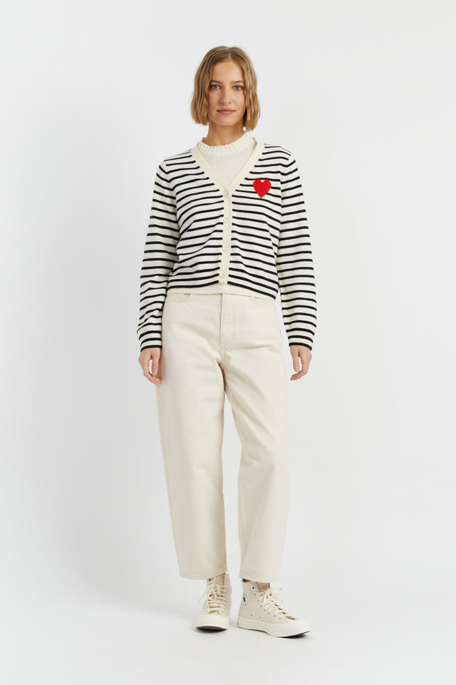 Cream-Navy Wool-Cashmere Heart Breton Cardigan image 3