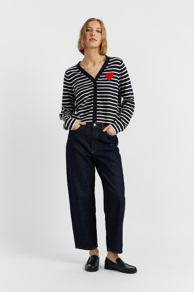 Navy-Cream Wool-Cashmere Heart Breton Cardigan