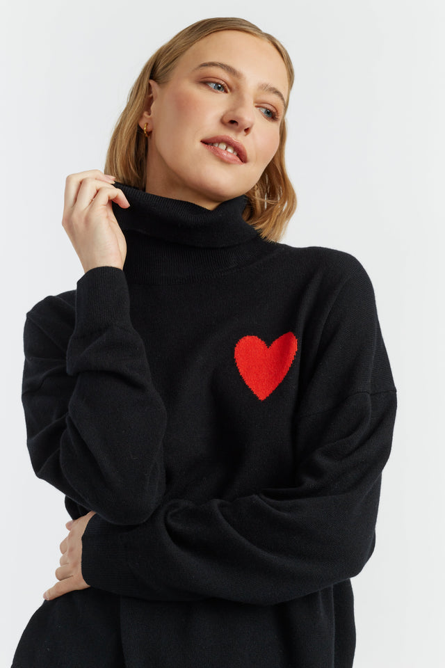 Black Wool-Cashmere Heart Breton Rollneck Sweater image 5