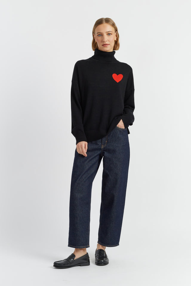 Black Wool-Cashmere Heart Breton Rollneck Sweater image 3