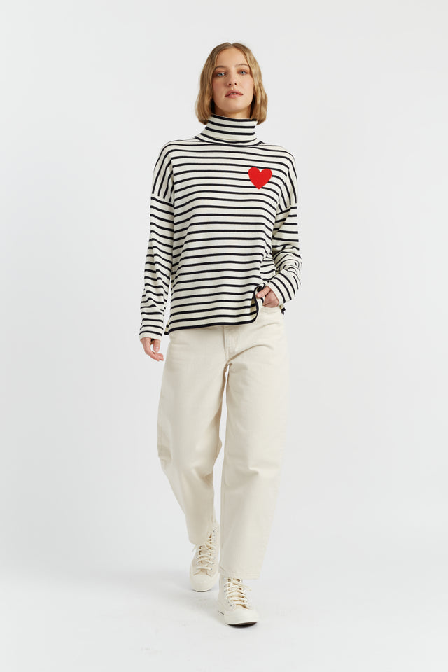 Cream-Navy Wool-Cashmere Heart Breton Rollneck Sweater image 2