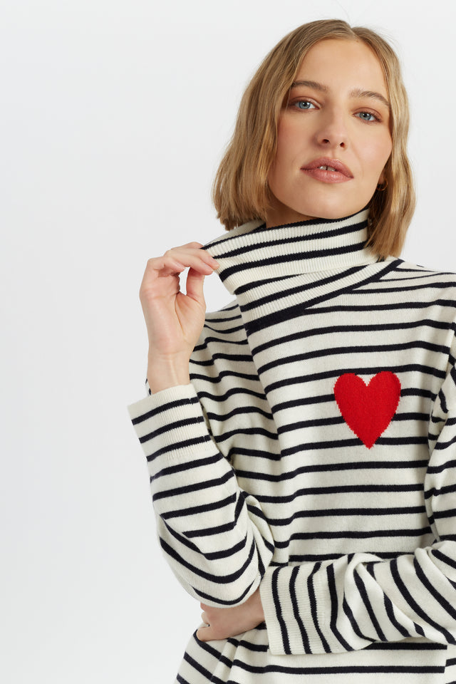 Cream-Navy Wool-Cashmere Heart Breton Rollneck Sweater image 3