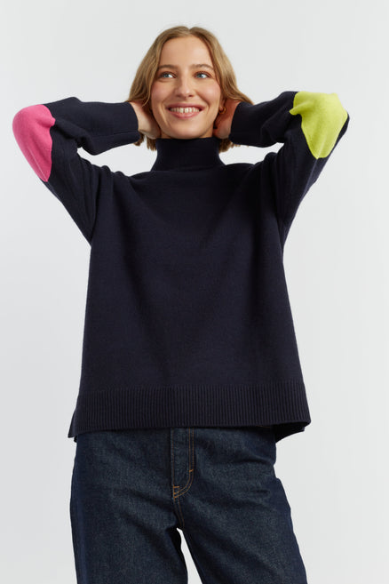 Navy Wool-Cashmere Elbow Patch Rollneck Sweater