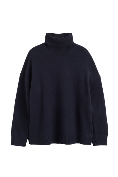Navy Wool-Cashmere Elbow Patch Rollneck Sweater