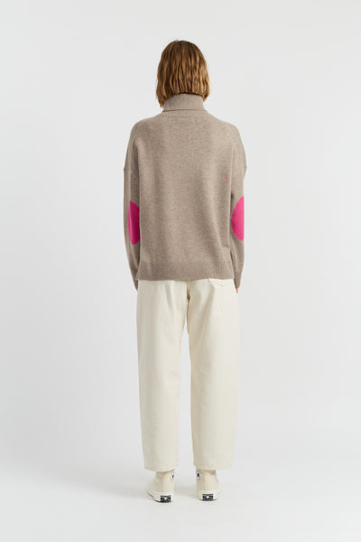 Warm-Oatmeal Wool-Cashmere Elbow Patch Rollneck Sweater