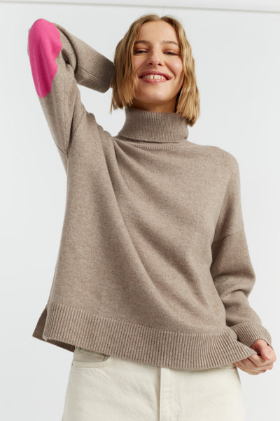 Warm-Oatmeal Wool-Cashmere Elbow Patch Rollneck Sweater