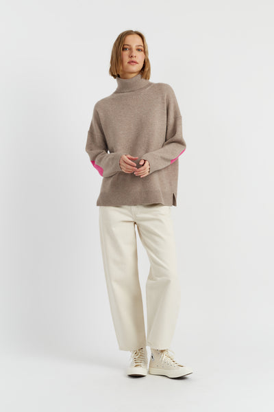 Warm-Oatmeal Wool-Cashmere Elbow Patch Rollneck Sweater