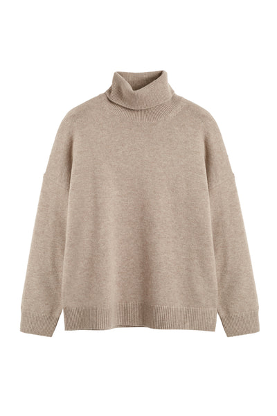 Warm-Oatmeal Wool-Cashmere Elbow Patch Rollneck Sweater