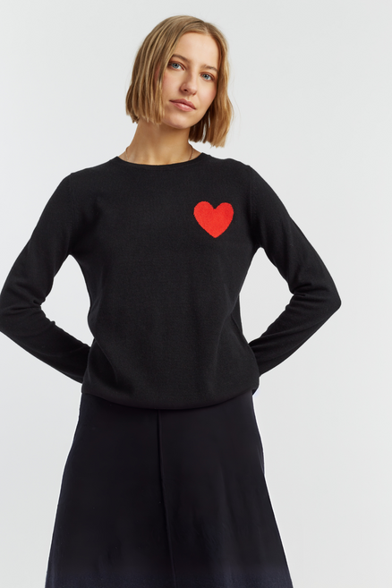 Black Wool-Cashmere Heart Breton Sweater