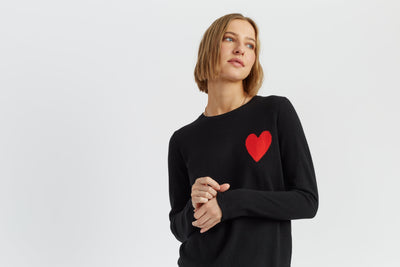 Black Wool-Cashmere Heart Breton Sweater