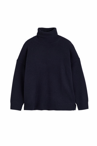 Navy Wool-Cashmere Elbow Patch Rollneck Sweater
