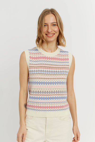 Cream Wool-Cashmere Fair Isle V-neck Tank