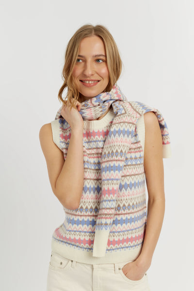 Cream Wool-Cashmere Fair Isle V-neck Tank