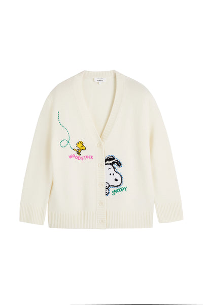 Cream Wool-Cashmere Snoopy Embroidered Cardigan