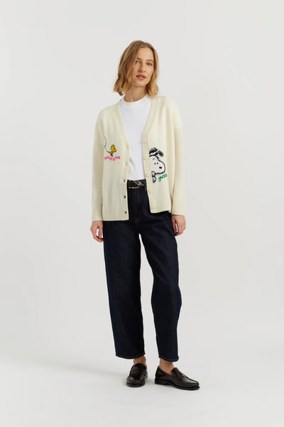 Cream Wool-Cashmere Snoopy Embroidered Cardigan