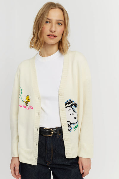 Cream Wool-Cashmere Snoopy Embroidered Cardigan