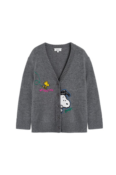 Grey Wool-Cashmere Snoopy Embroidered Cardigan