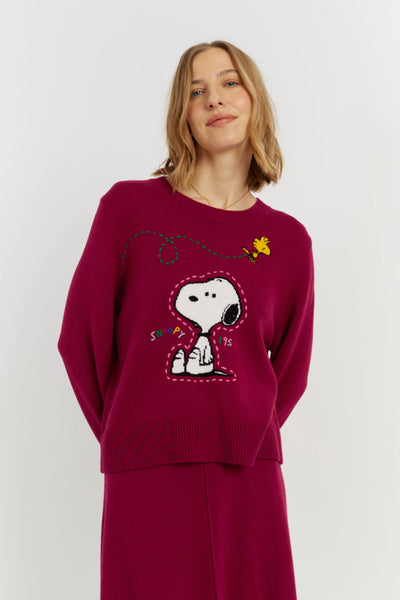 Cherry Wool-Cashmere Snoopy Embroidered Sweater
