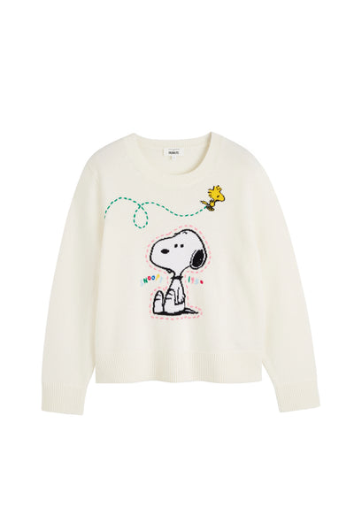 Cream Wool-Cashmere Snoopy Embroidered Sweater