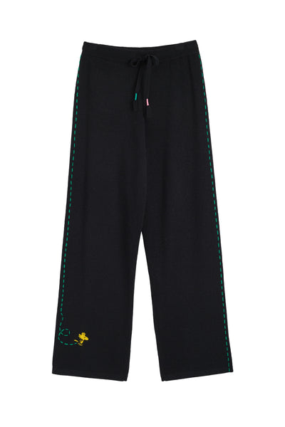Black Wool-Cashmere Peanuts Wide Leg Track Pants
